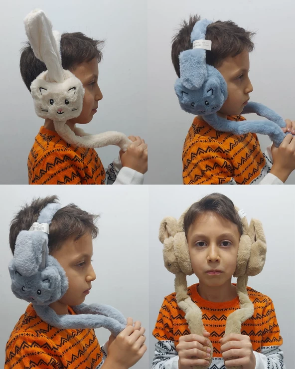 Peluş Kedili Hareketli Oynar Kulaklı Çocuk Kulak Isıtıcı Koruyucu