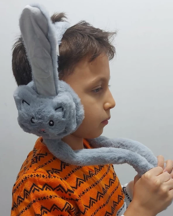 Peluş Kedili Hareketli Oynar Kulaklı Çocuk Kulak Isıtıcı Koruyucu - 9