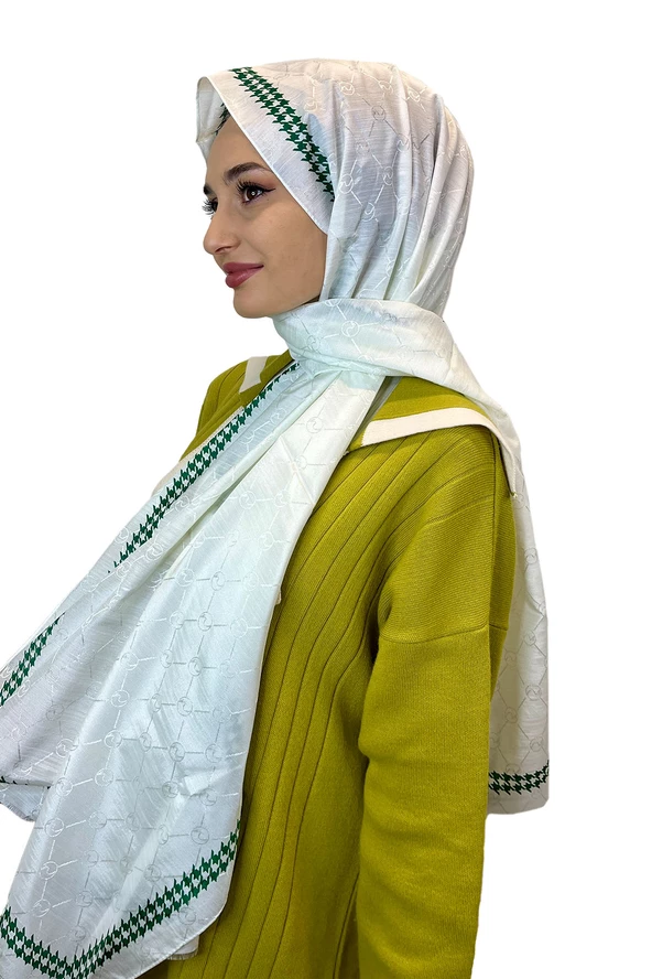 Hint İpek Kazayağı Desenli Monogram Şal 00910 KIRIK BEYAZ