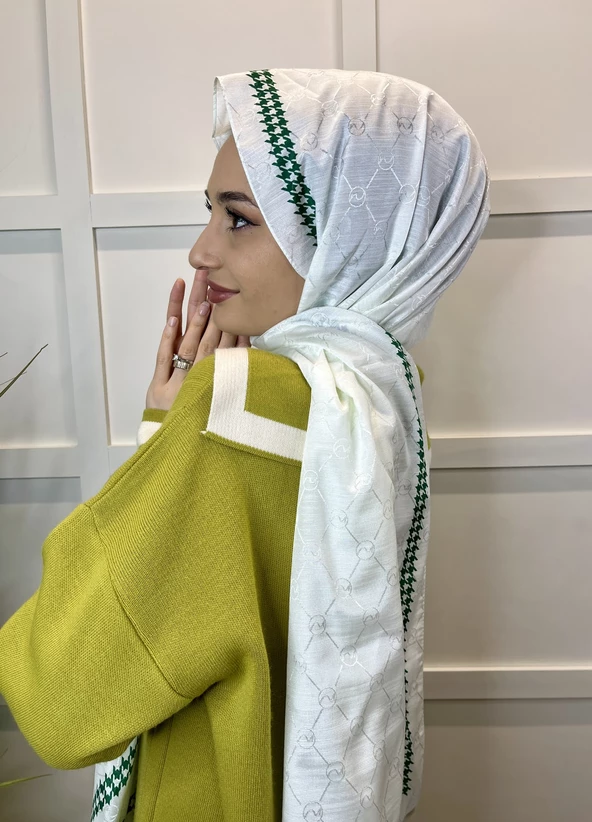 Hint İpek Kazayağı Desenli Monogram Şal 00910 KIRIK BEYAZ - 2