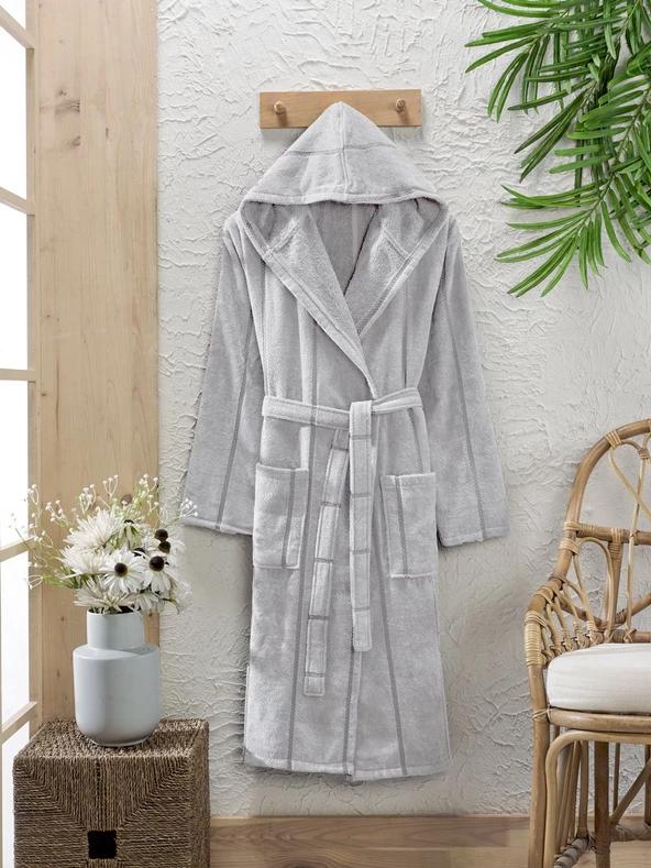 Pamuklu Kadife Kapüşonlu Unisex Bornoz - 7