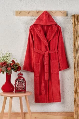 Pamuklu Kadife Kapüşonlu Unisex Bornoz - 9