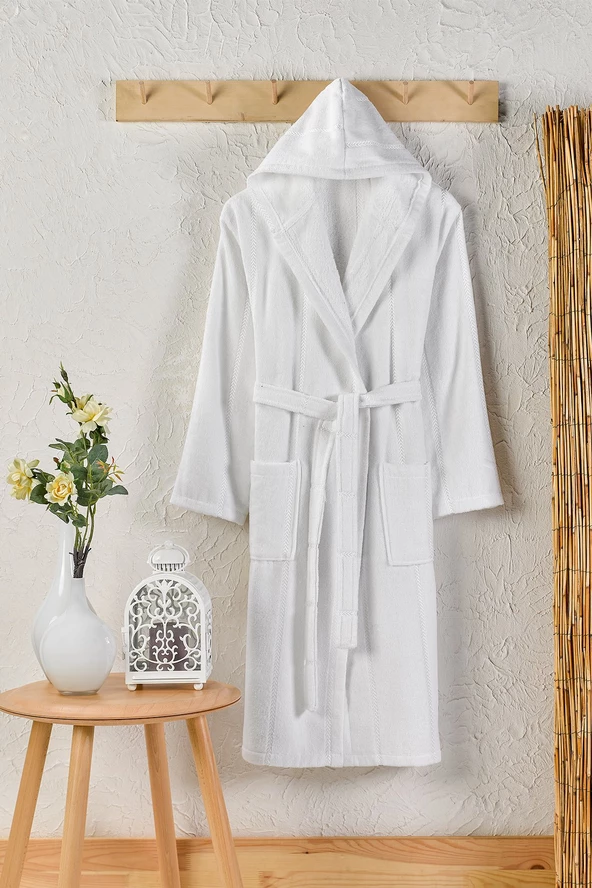 Pamuklu Kadife Kapüşonlu Unisex Bornoz - 6